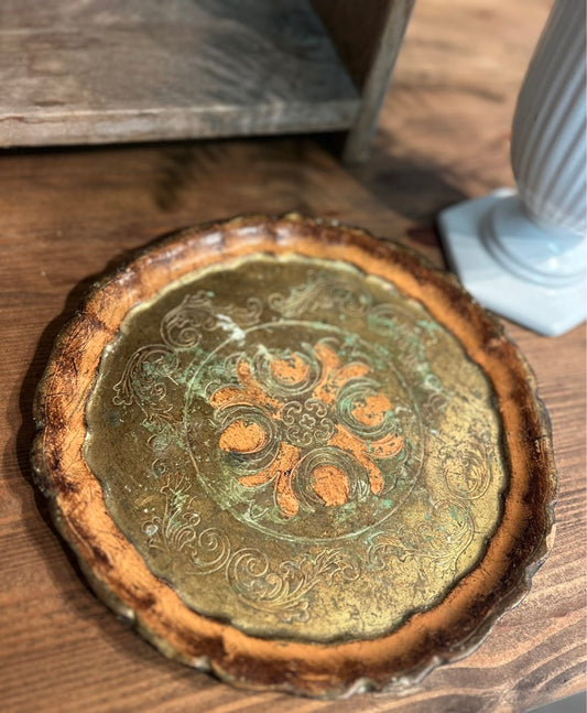 Vintage Small Round Gold Florentine Tray