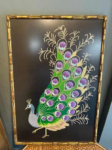 Vintage Framed Tapestry of a Peacock