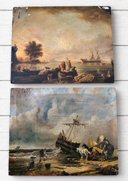Pair of Original Oil Painting on Board Sea Scape with Ships