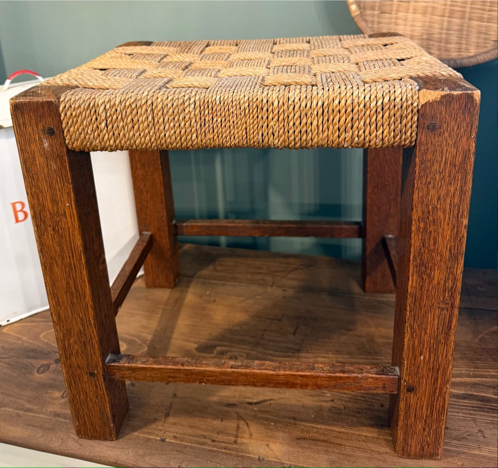 Retro Vintage Woven Brown Rattan Stool with Rope top- Straight Leg