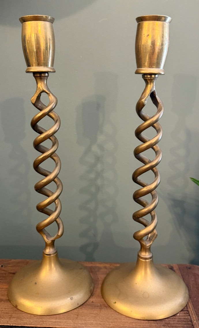 Pair of Vintage Twisted Brass Candlesticks