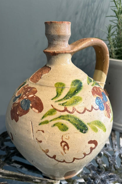 Vintage Hand Painted Terracotta Bottle - Antique Vessel