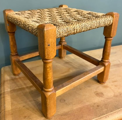 Vintage Woven Rattan Stool with Beige Rope top.
