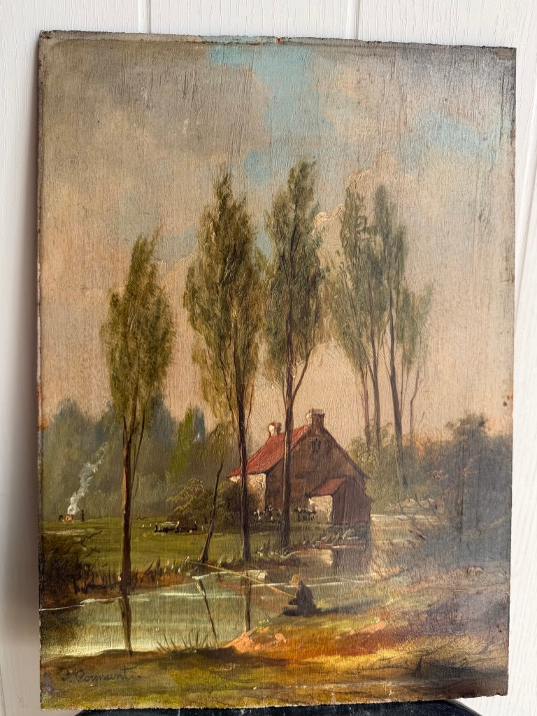 Original Oil Painting on Board Landscape Rural Scene with Cottage
