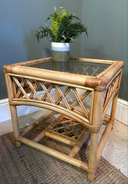 Vintage Glass top Bamboo Side Table