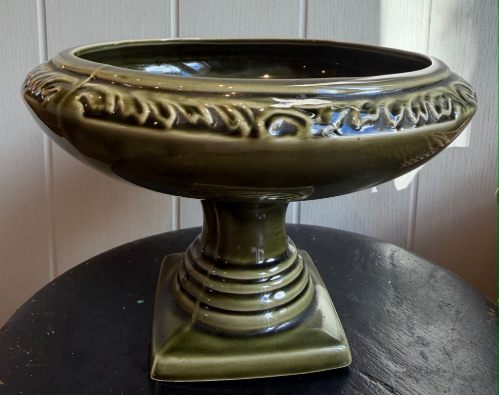 Vintage Green Pedestal Pottery Bowl by Devonway