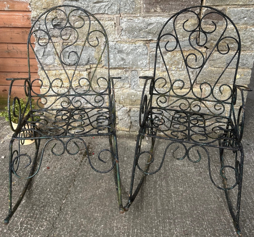 Pair of Antique Wrought Iron Garden Rocking Chairs