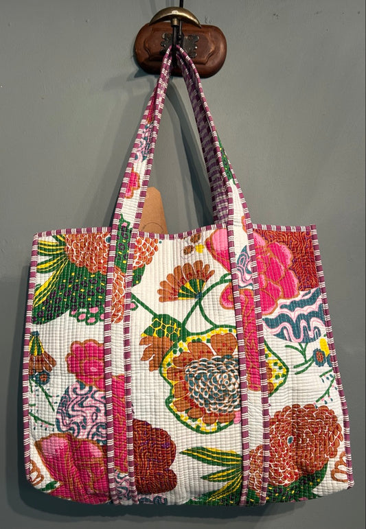 Pretty Indian Quilted Block Printed Tote Bag - Floral