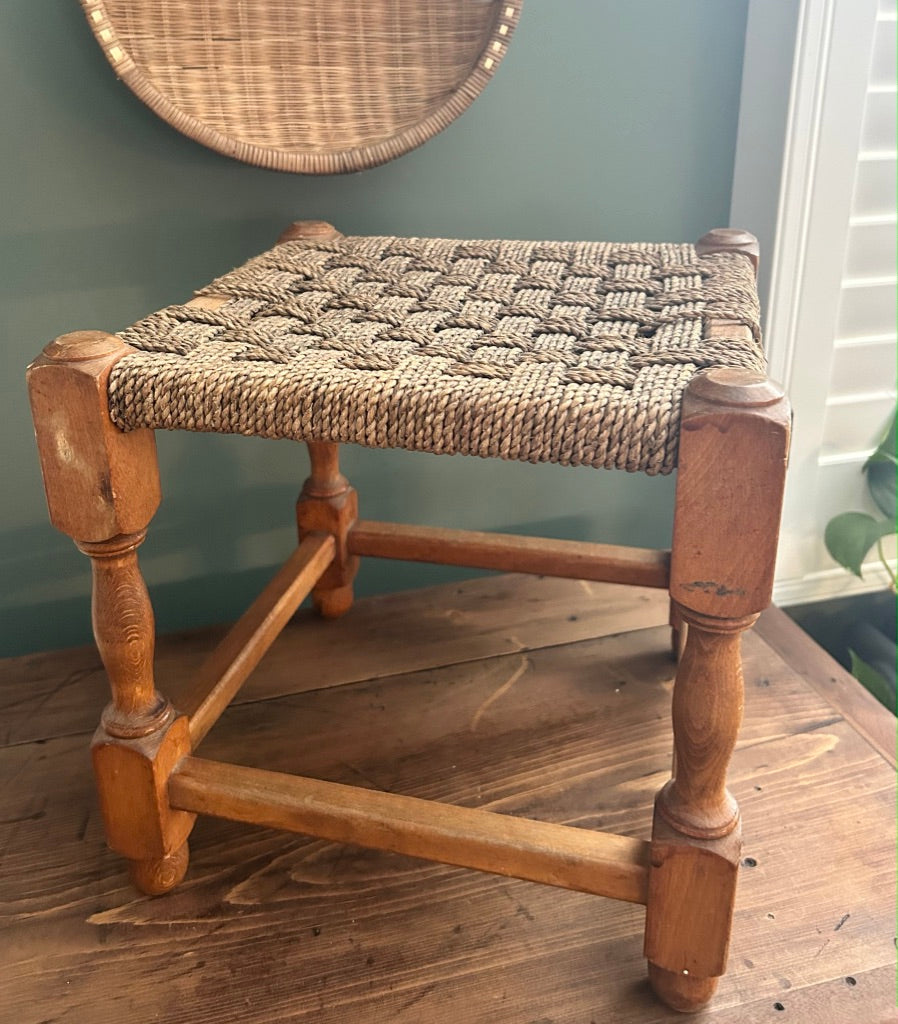 Vintage Woven Rattan Stool with Beige Rope top.