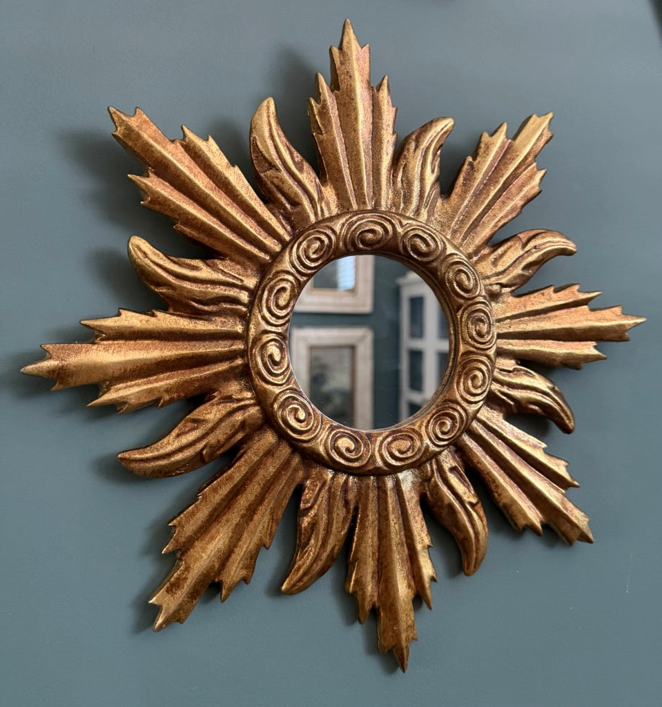 Gold Antiqued Round Port Hole Style Sunburst Mirror - Medium