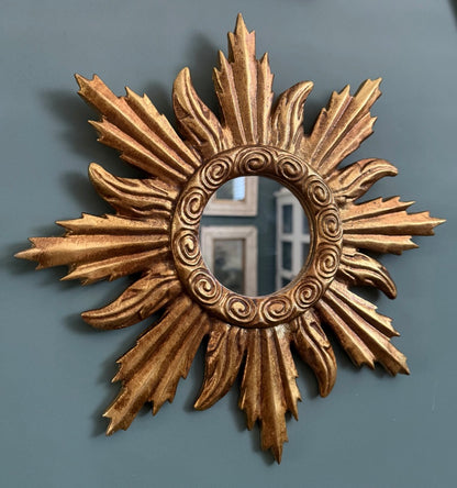 Gold Antiqued Round Port Hole Style Sunburst Mirror - Medium