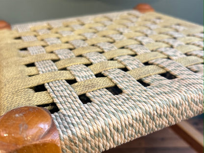 Vintage Woven Rattan Stool with Green Rope top.