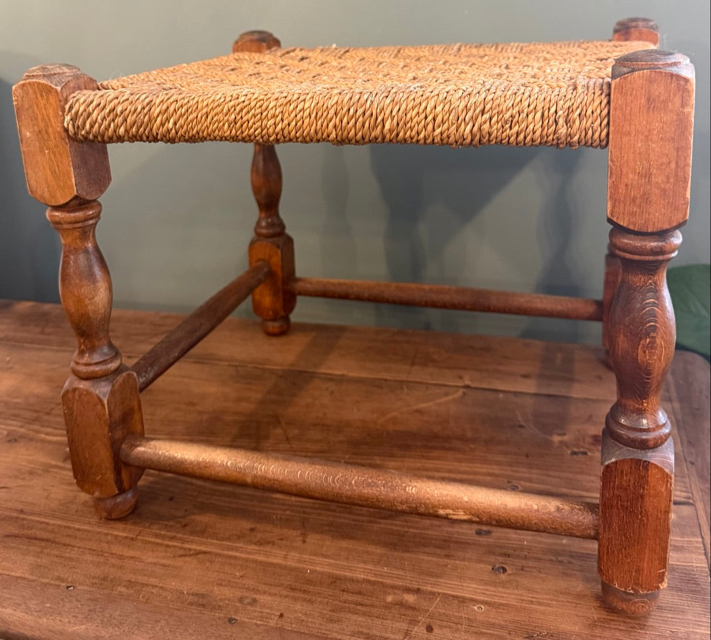 Vintage Woven Brown Rattan Stool with Rope top.