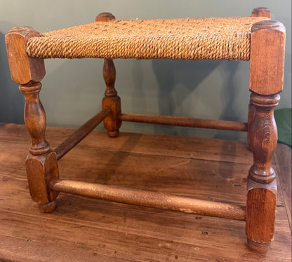 Vintage Woven Brown Rattan Stool with Rope top.