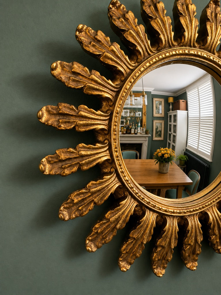 Gold Antiqued Round Single Sunburst Ornate Style Frame Wall Mirror