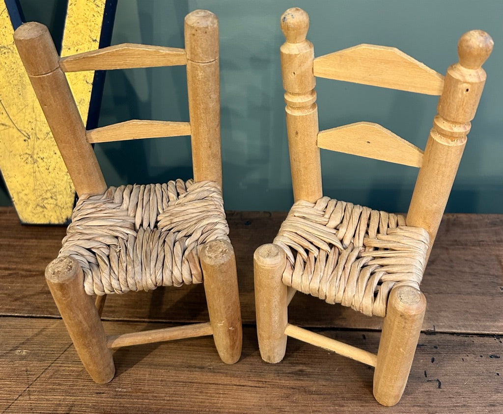 Pair of Miniature Vintage Rush Seat Chairs