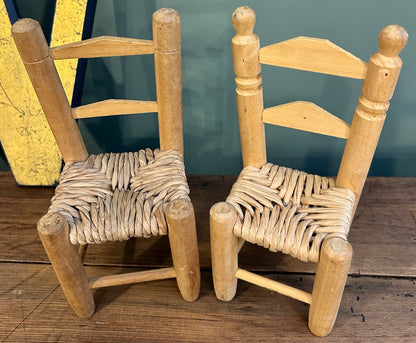 Pair of Miniature Vintage Rush Seat Chairs
