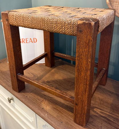 Retro Vintage Woven Brown Rattan Stool with Rope top- Straight Leg