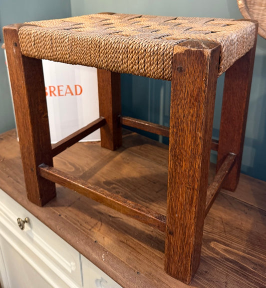 Retro Vintage Woven Brown Rattan Stool with Rope top- Straight Leg