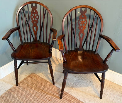 Pair of Vintage Wheel back Carver Chairs- Dark Wood