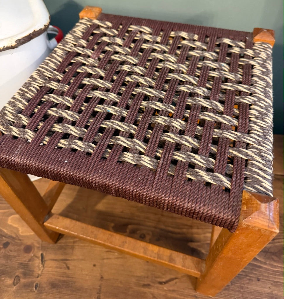 Vintage Woven Brown Rattan Stool with Rope top.