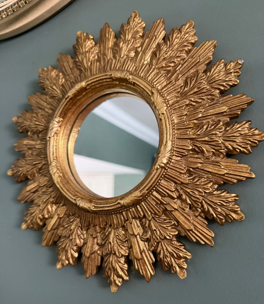 Gold Antiqued Round Port Hole style Sunburst Mirror - Medium Convex