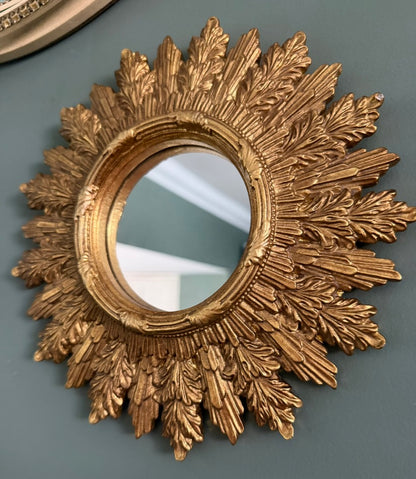 Gold Antiqued Round Port Hole style Sunburst Mirror - Medium Convex