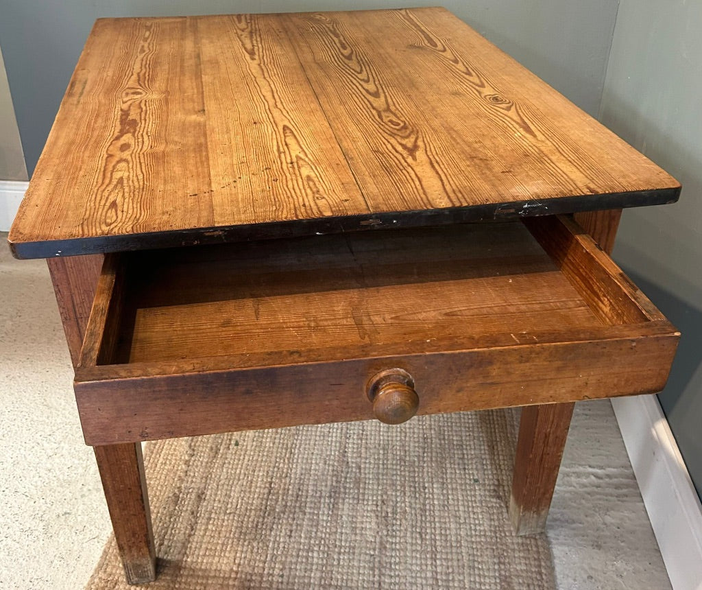 Small Vintage Rustic Pine Farmhouse Table with Drawer