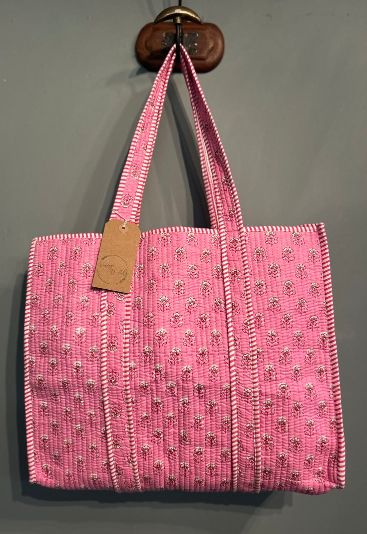 Pretty Indian Quilted Block Printed Tote Bag - Pink