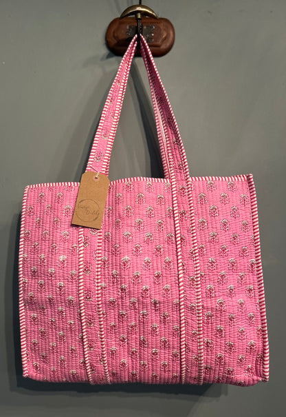Pretty Indian Quilted Block Printed Tote Bag - Pink