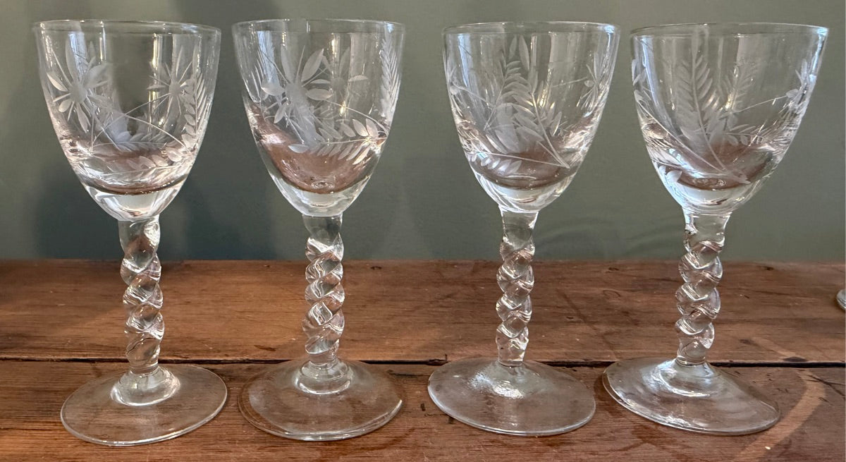 Set of 4 Antique Hand Blown Air Twist Sherry / Port Glasses