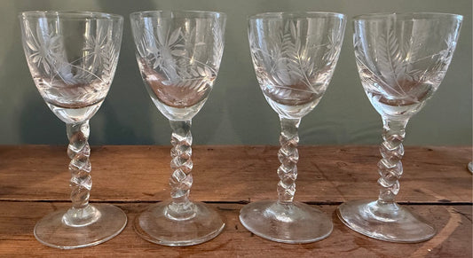 Set of 4 Antique Hand Blown Air Twist Sherry / Port Glasses