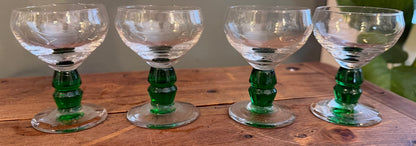 Set of 4 French Vintage Green Stem Sherry / Port Glasses
