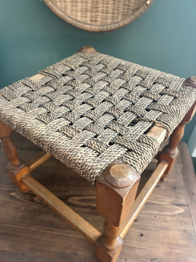 Vintage Woven Rattan Stool with Beige Rope top.