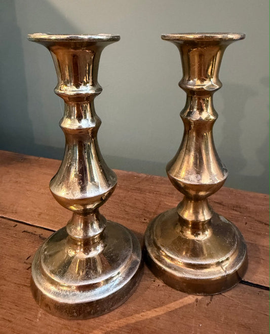 Small Pair of Vintage Brass Candlesticks - Round base