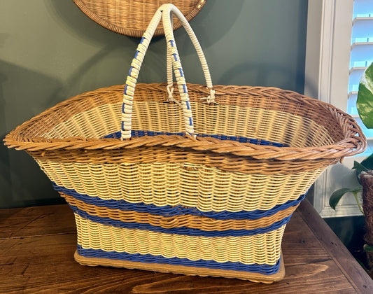 Vintage Handled Basket with Blue Stripe