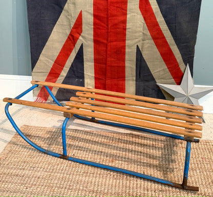 Vintage Wooden Sledge with Blue metal Frame - Great Christmas Display Prop