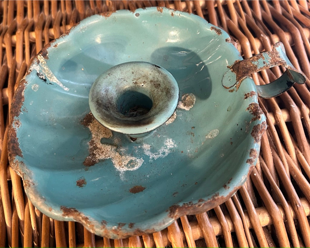 Vintage French Enamel Candle Holder - Blue