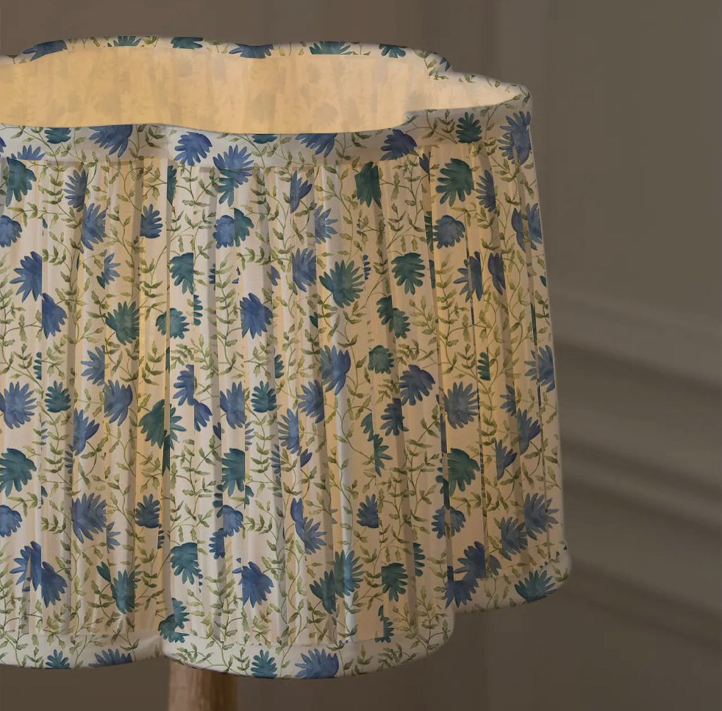 Traditional Vintage Style Pleated Scalloped shape Lamp Shade -Cream & Denim Blue