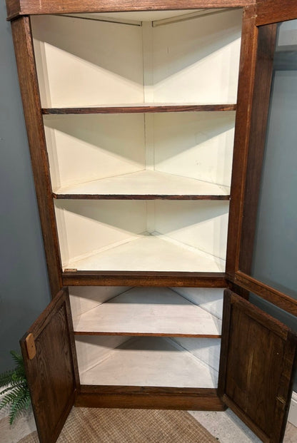 Antique Glazed Corner Oak House Keepers Cupboard