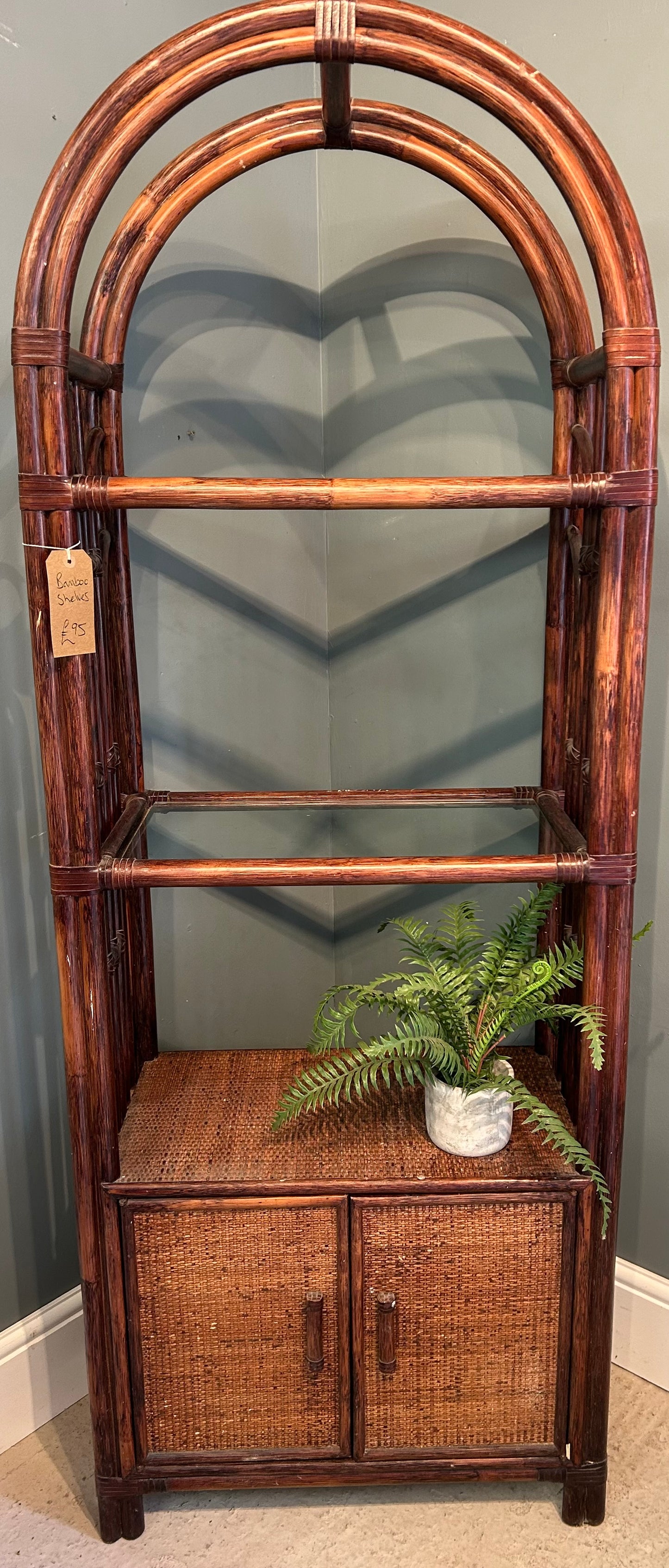 Vintage Bamboo shelves with cupboard underneath