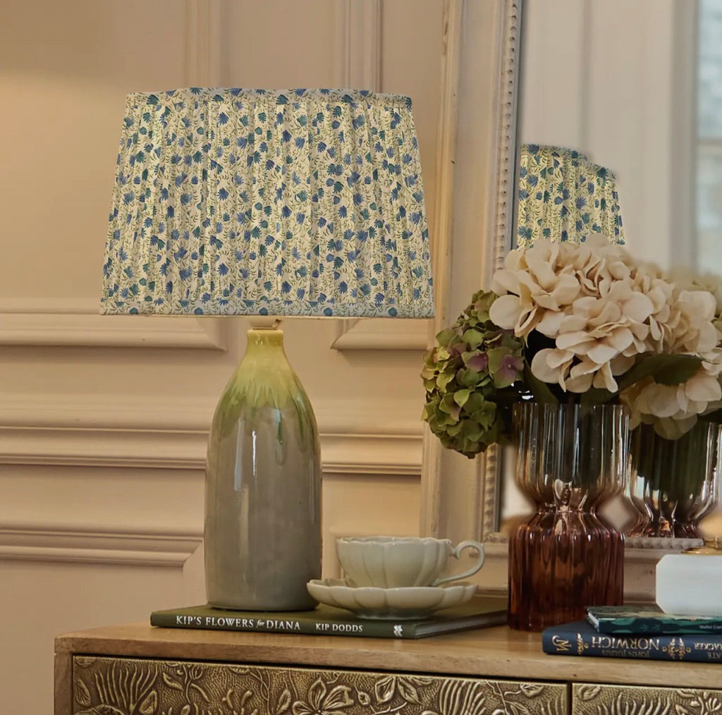 Traditional Vintage Style Pleated Scalloped shape Lamp Shade -Cream & Denim Blue
