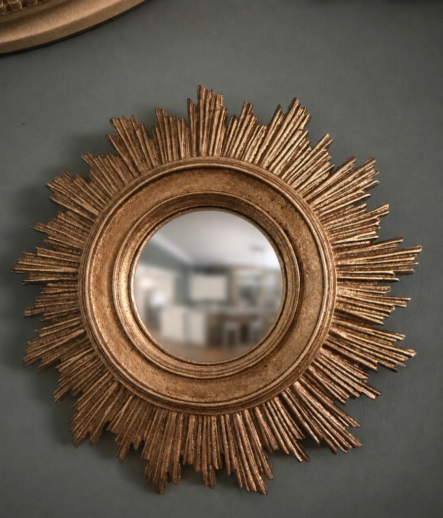 Gold Antiqued Round Port Hole style Sunburst Mirror - Small Convex