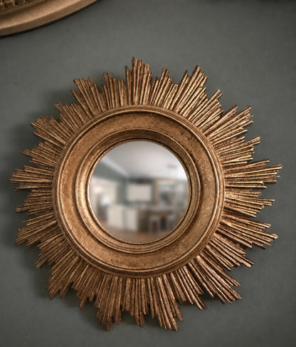 Gold Antiqued Round Port Hole style Sunburst Mirror - Small Convex