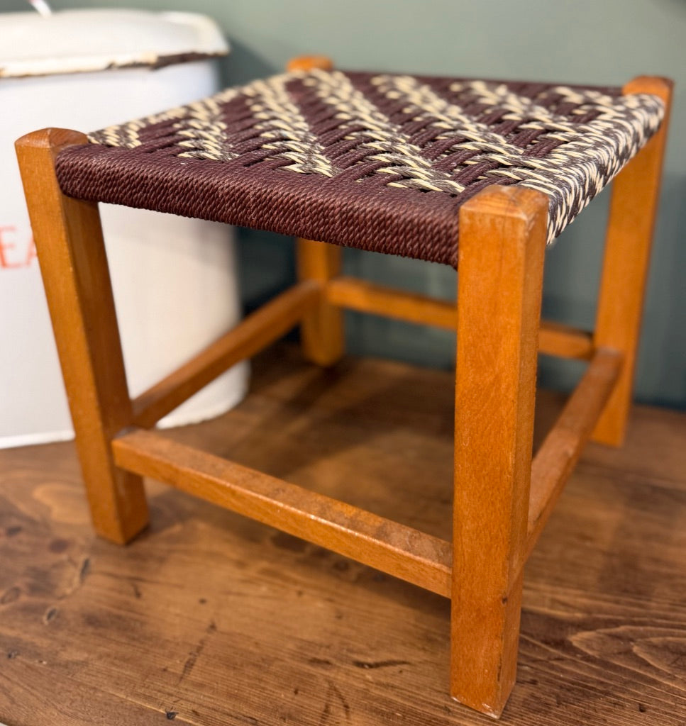 Vintage Woven Brown Rattan Stool with Rope top.