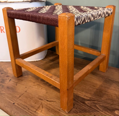 Vintage Woven Brown Rattan Stool with Rope top.