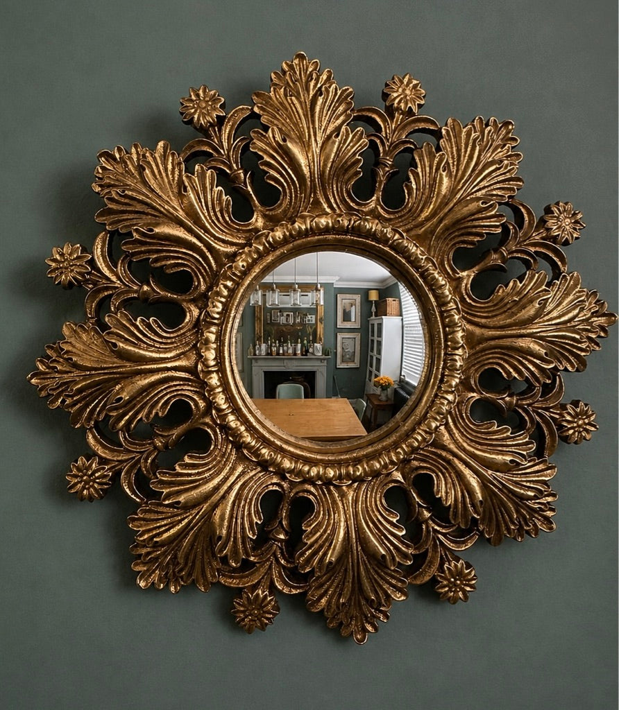 Gold Antiqued Round Port Hole Sunburst Ornate Style Frame Mirror