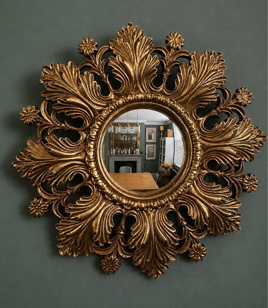Gold Antiqued Round Port Hole Sunburst Ornate Style Frame Mirror
