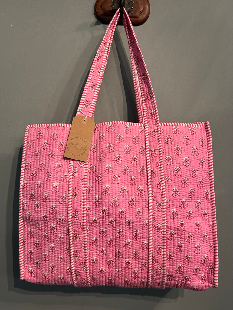 Pretty Indian Quilted Block Printed Tote Bag - Pink