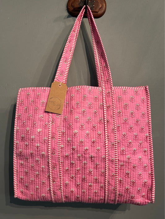 Pretty Indian Quilted Block Printed Tote Bag - Pink